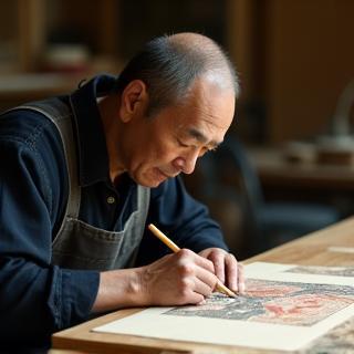 Portrait of traditional artist Makoto Sato working on a woodblock print