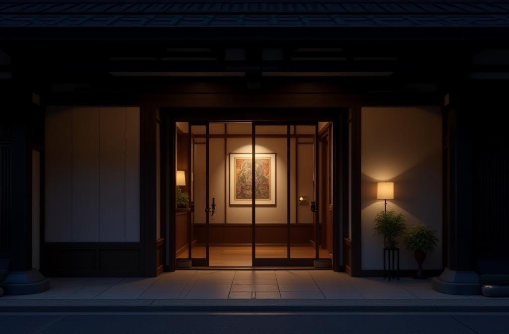 Elegant entrance to Gekkou Gallery with Japanese art visible inside