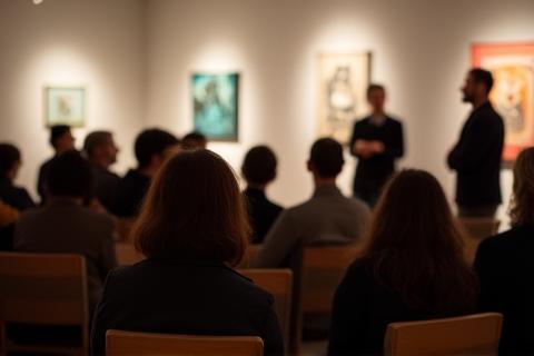 Group attending an art lecture in a gallery space